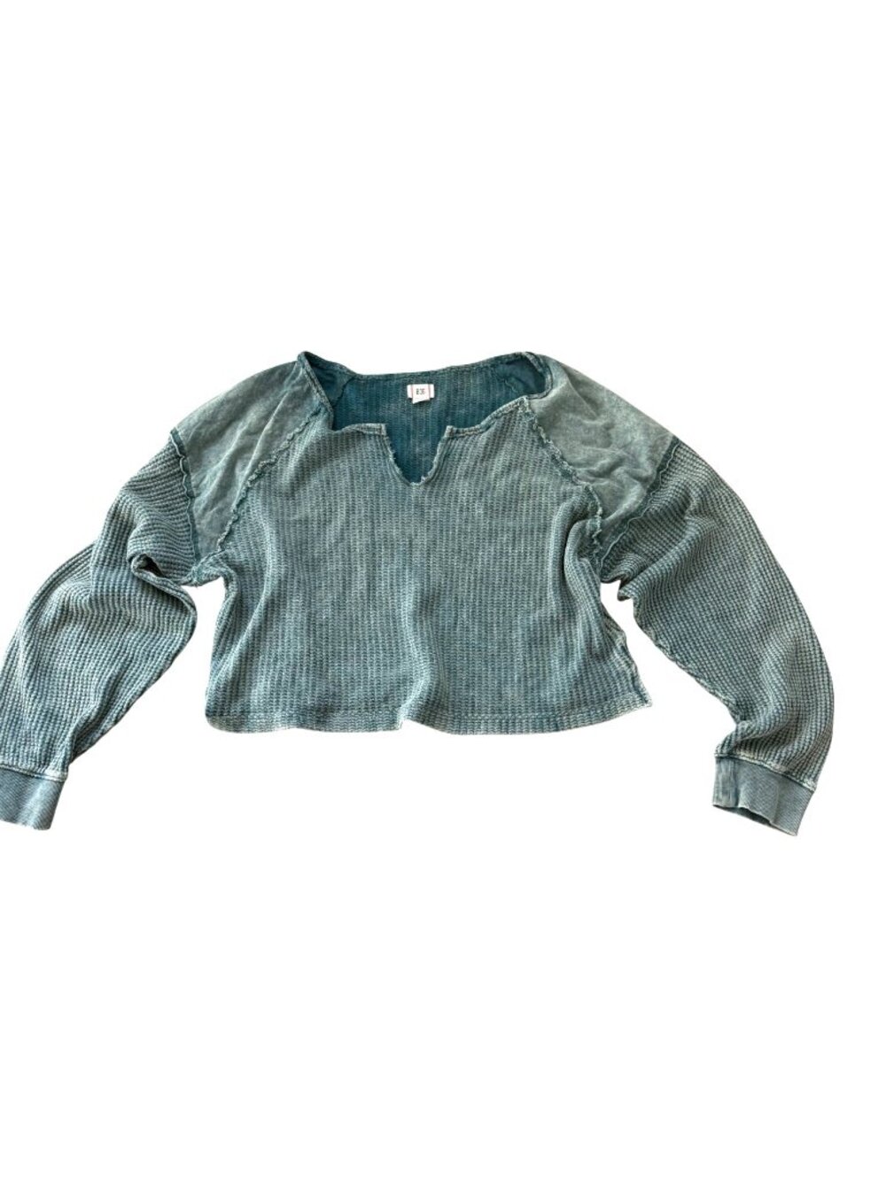 BDG Women's Thermal Top Sz L Teal Cropped Waffle Knit Long Sleeve Fall Layers